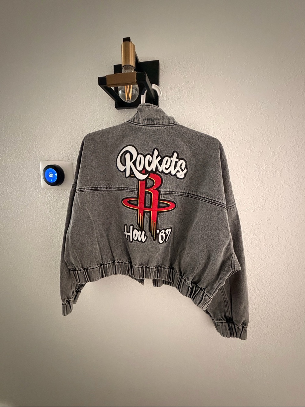 NBA Gray Cropped Denim Jacket with Red Rockets Logo